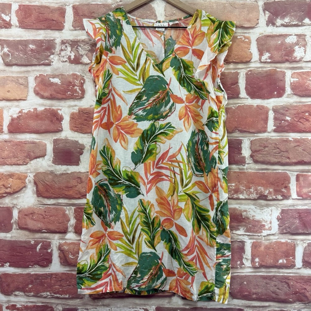 Nicole Miller Dress Women's Small Multicolor 100% Linen Abstract Leaves Sundress